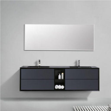 Eviva Vienna 75″ Gray w/ Black Frame Wall Mount Double Sink Bathroom Vanity w/ Black Integrated Top Vanity Eviva